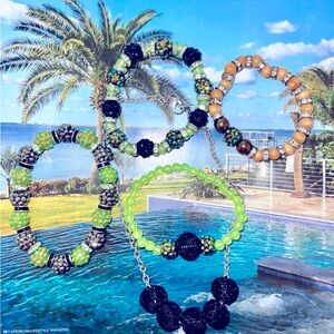 Five Set of Beaded sparkling bracelets and choker, in lime Green and Black